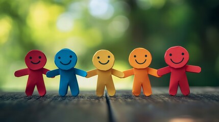 Poster - Vibrant array of colorful paper figures with smiling faces holding hands placed on a rustic wooden surface against a softly blurred green background symbolizing unity and friendship for Friendship Day