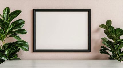 Poster - A minimalist interior scene featuring an empty black frame on a textured wall, flanked by green plants, perfect for adding personal art or photography.