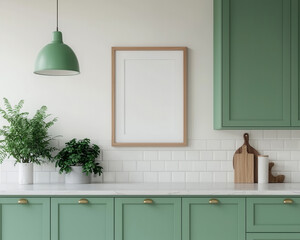 Aufkleber - A modern kitchen with green cabinetry, a minimalist design, and potted plants, featuring a pendant light and a blank framed picture hanging on the wall.