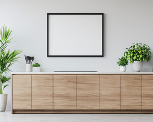 Aufkleber - A modern living room setup featuring a wooden cabinet, blank wall art frame, and greenery for a fresh, minimalist aesthetic.
