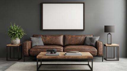 Aufkleber - A modern living room featuring a brown leather sofa, wooden coffee table, decorative lamp, and potted plant, set against a dark wall with an empty frame.