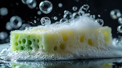 Poster - Vibrant composition featuring soap foam and a bright green sponge surrounded by bubbles set against a sleek black background emphasizing the refreshing and clean aesthetic of the scene