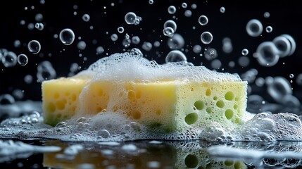 Fototapete - Vibrant composition featuring soap foam and a bright green sponge surrounded by bubbles set against a sleek black background emphasizing the refreshing and clean aesthetic of the scene