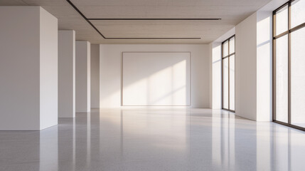 Poster - Bright, minimalist interior space with large windows, showcasing polished floors and clean lines, perfect for modern design or creative use.