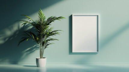 Poster - A minimalist interior featuring a blank picture frame on a soft green wall, accompanied by a lush potted plant that adds a touch of nature.