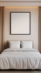Poster - Modern bedroom design featuring a cozy bed, decorative pillows, neutral tones, and a blank picture frame against a textured wall.