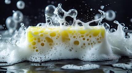 Poster - Vibrant composition featuring soap foam and a bright green sponge surrounded by bubbles set against a sleek black background emphasizing the refreshing and clean aesthetic of the scene