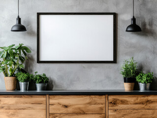 Poster - A modern interior scene featuring a wooden cabinet, potted plants, hanging lights, and a blank frame against a textured wall.