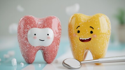 Poster - Vibrant illustration showing a happy tooth next to a sad tooth covered in plaque with a dental plaque removal tool in the foreground set against a bright white background to emphasize dental health