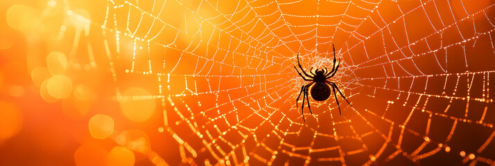 Spider Web with Dew Drops at Sunset.