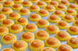 © Kandl Studio - High angle front shot of rows and rows of freshly baked pineapple tarts on baking tray. This traditional local sweet pastry is popular as gift during Chinese New Year. Selective focus