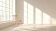 © Mirjana - A solitary wooden chair bathed in sunlight in a minimalist empty room with large windows and soft shadows
