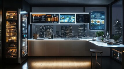 Futuristic kitchen a smart fridge holographic recipe assistant and a sleek allglass island blending advanced technology with minimalistic design