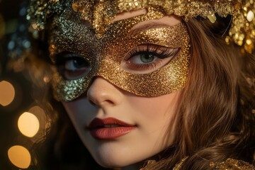 young woman in a glamorous golden mask at a carnival celebration