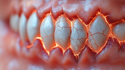 Poster - Visual representation of a mouth showing cracked teeth with jagged edges symbolizing the dangers of poor dental hygiene and the importance of oral health care set against a light clinical background