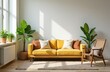 © Margarita Serenko - Cozy living room with a vibrant yellow couch and potted plants