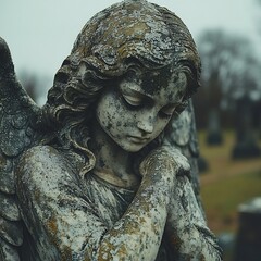 Poster - Weathered sad angel statue at the heart of a serene cemetery under a gray sky reflecting melancholy and loss featuring an open area for heartfelt copy space for text