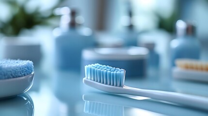 Poster - Wellorganized set of dental care products including a toothbrush floss and toothpaste spread out on a pristine light background emphasizing dental health and hygiene in a professional setting