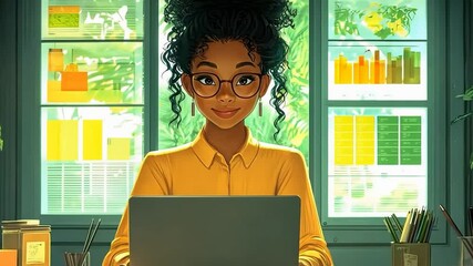 Aufkleber - A young woman sits focused at her desk, researching in a bright workspace filled with plants and vibrant charts while sunlight streams in