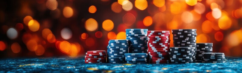 Many stacks of poker chips on a table