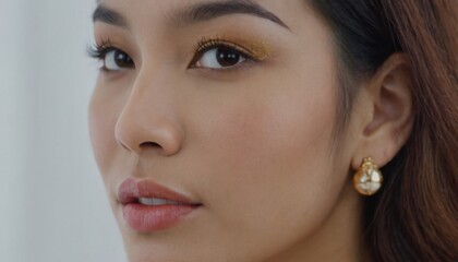 Close-up portraits of Asian woman with glamorous makeup and gold jewelry. Various angles showcasing beauty, elegance, and facial features.