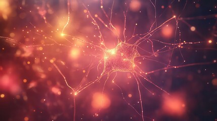 Poster - A microscopic view of a glowing neuron with dendrites reaching out like branches, against a background of abstract lights.