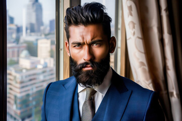 Confident businessman in a tailored suit standing by a window with a city view, exuding professionalism and style.