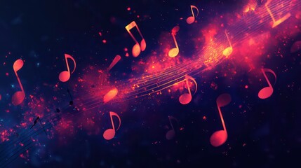 Wall Mural - Abstract background with music notes and glowing light streaks.