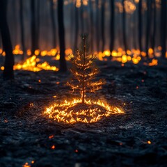 Poster - Amidst glowing embers and flames of a wildfire a small pine tree stands alone in a scorched forest symbolizing resilience and hope in a scene of natural devastation