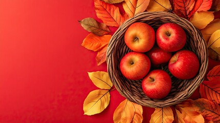 A basket of fresh red apples in vibrant autumn leaves with copy space