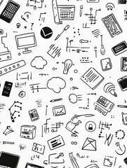 Aufkleber - This artwork features numerous hand-drawn doodles of technology items, including computers, smartphones, and coding symbols, in black and white. Generative AI