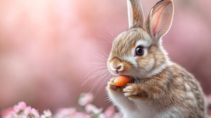 Poster - Adorable bunny on a soft pink background munching on a carrot with cheerful confetti scattered around perfect for a whimsical birthday card with plenty of copy space for text