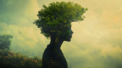 A surreal AI-generated portrait of a person with a tree growing from their head, set in a dreamlike nature scene.