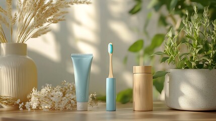 Poster - Aesthetically arranged dental hygiene set showcasing a vibrant toothbrush natural toothpaste and ecofriendly floss on a clean light background encouraging sustainable oral care practices