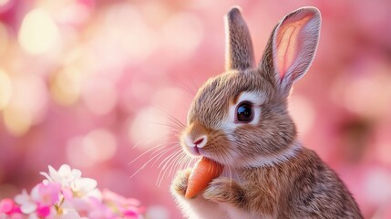 Fototapete - Adorable bunny on a soft pink background munching on a carrot with cheerful confetti scattered around perfect for a whimsical birthday card with plenty of copy space for text