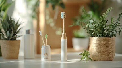 Poster - Aesthetically arranged dental hygiene set showcasing a vibrant toothbrush natural toothpaste and ecofriendly floss on a clean light background encouraging sustainable oral care practices