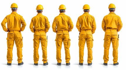 Wall Mural - Five Construction Workers in Yellow Jumpsuits Standing Back to Back.