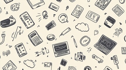 Poster - Various hand-drawn technology doodles showcase items like computers, smartphones, and cloud icons on a neutral background. Generative AI