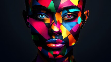 A vibrant AI-generated portrait of a person with geometric face paint and bright colors, blending into abstract shapes.