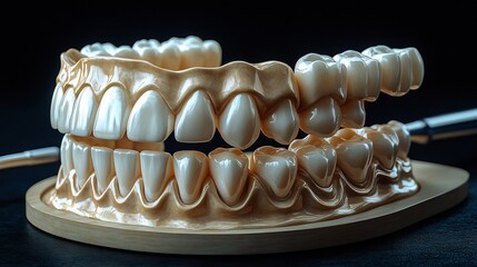 Fototapete - Artistic representation of a dental mirror alongside beautifully crafted zircon dentures on a deep black background focusing on the quality and artistry involved in contemporary dental solutions