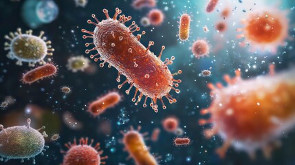 Poster - A microscopic view of various bacteria and viruses, some with spikes and others round, floating against a dark blue background with highlights of blue, green, and white.