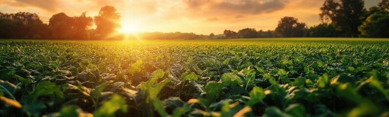 Field of corn with the sun setting in the background