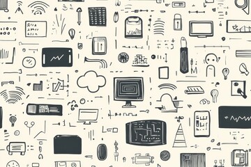 Poster - A collection of hand-drawn doodles displays various technology items, including computers, smartphones, and coding symbols, in a creative layout. Generative AI