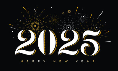 Wall Mural - happy new year 2025 design with typography number on fireworks vector background design.
