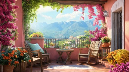 Wall Mural - A picturesque balcony scene featuring cozy chairs, a rustic wooden table, and a variety of blooming potted flowers, inviting relaxation and serenity.