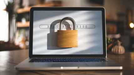 A laptop displaying a secure padlock and password input, symbolizing online security and data protection in a modern workspace.