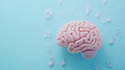 Poster - A brain surrounded by musical notes on a pastel blue background illustrates the link between music and thought. Generative AI