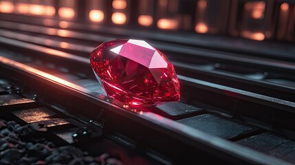 A large, faceted red gemstone resting on railroad tracks