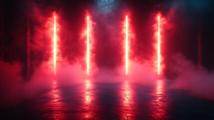 Poster - Electrifying stage illuminated by glowing red beams with thick fog rising and swirling all set against a pitchblack background evoking excitement and anticipation for the event