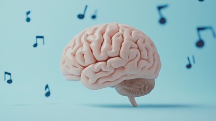 Poster - The human brain is depicted with bustling musical notes set against a calming pastel blue backdrop, merging art with sound. Generative AI